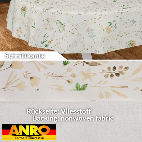 Wachstuch Tischdecke mit Blumenmuster, Detailansicht der Schnittkante und der Rückseite aus Vliesstoff, inklusive ANRO Logo.