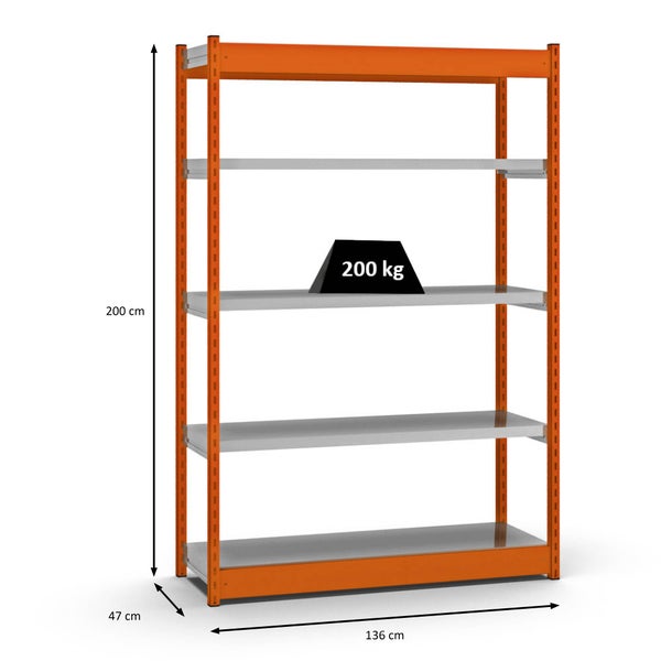 PROREGAL Fachbodenregal Stecksystem Vierkant-Profil Grundregal HxBxT 200 x 132,5 x 40 cm 5 Ebenen Einseitige Bauart Fachlast 200 kg Orange
