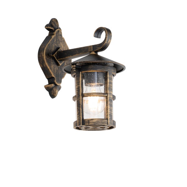 Außenwandleuchte im traditionellen Laternen-Design, Metall mit antikem Finish und Glaseinsatz, beleuchtetes Leuchtmittel.