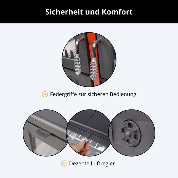 Detailansicht eines Ofens mit Federgriffen zur sicheren Bedienung und dezenten Luftreglern.