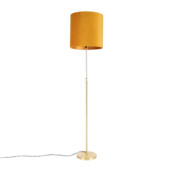 QAZQA - Landhaus I Vintage I Rustikal Stehleuchte I Stehlampe I Standleuchte I Lampe I Leuchte Gold I Messing I messing mit veloursschirm gelb 40I40 cm - Parte I Wohnzimmer I Schlafzimmer - Stahl Zyli