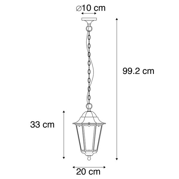 Außenpendelleuchte Maße: Gesamthöhe 99,2 Zentimeter, Lampenhöhe 33 Zentimeter, Breite 20 Zentimeter, Baldachin Durchmesser 10 Zentimeter.
