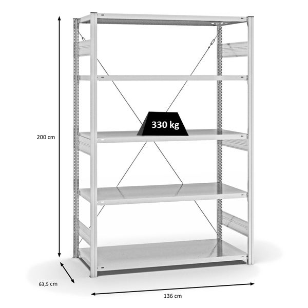 PROREGAL Fachbodenregal Stecksystem T-Profil Heavy-Duty Grundregal HxBxT 200 x 130 x 60 cm 5 Ebenen Fachlast 330 kg Einseitig Nutzbar Lichtgrau