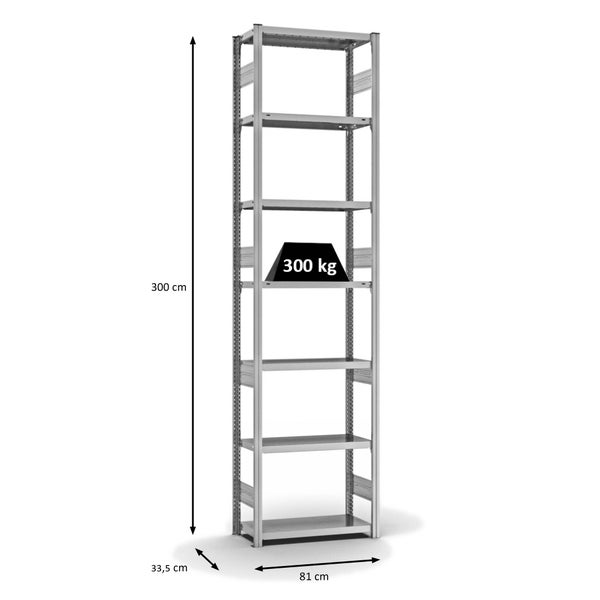 PROREGAL Fachbodenregal Stecksystem T-Profil Heavy-Duty Grundregal HxBxT 300 x 75 x 30 cm 7 Ebenen Fachlast 300 kg Beidseitig Nutzbar Verzinkt