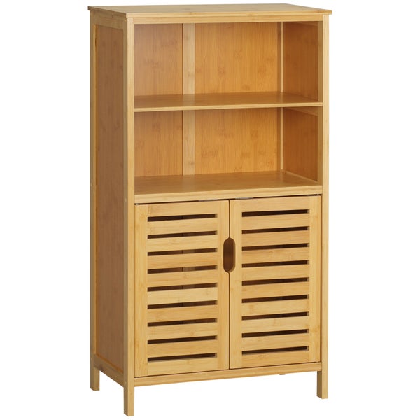 kleankin Badezimmerschrank, Unterschrank aus Bambus, Badschrank mit Lamellentüren, Beistellschrank, Mehrzweckschrank mit Kippschutz, Landhausstil, Naturholz, 50 x 29 x 92 cm