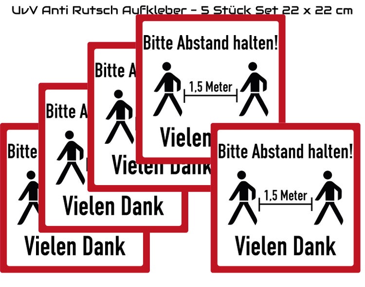 5 Stück Aufkleber für Böden -Bitte Abstand halten 1,5m - Anti Rutsch Folie 22x22cm