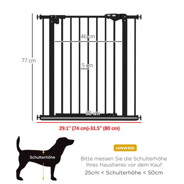 PawHut Türschutzgitter Hunde, Absperrgitter, 74-80 cm, Treppenschutzgitter für Haustier, Schutzgitter ohne Bohren, Metall, Kunststoff, Schwarz