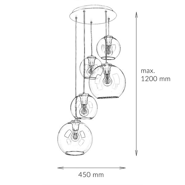 Technische Zeichnung einer Pendelleuchte mit fünf Glaskugeln und den Maßen 450 mm Breite und maximal 1200 mm Höhe