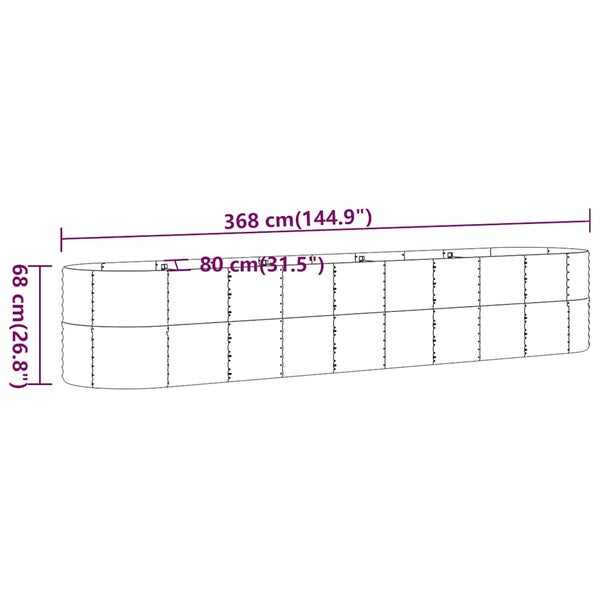 Technische Zeichnung eines ovalen Hochbeets mit den Maßen: Länge 368 Zentimeter, Breite 80 Zentimeter und Höhe 68 Zentimeter.
