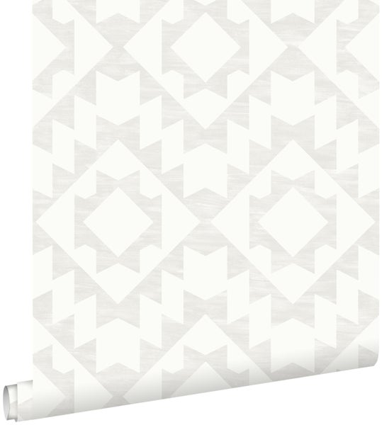 ESTAhome Tapete Marrakescher Aztec-Teppich Hellgrau und Weiß - 53 cm x 10.05 m - 148673