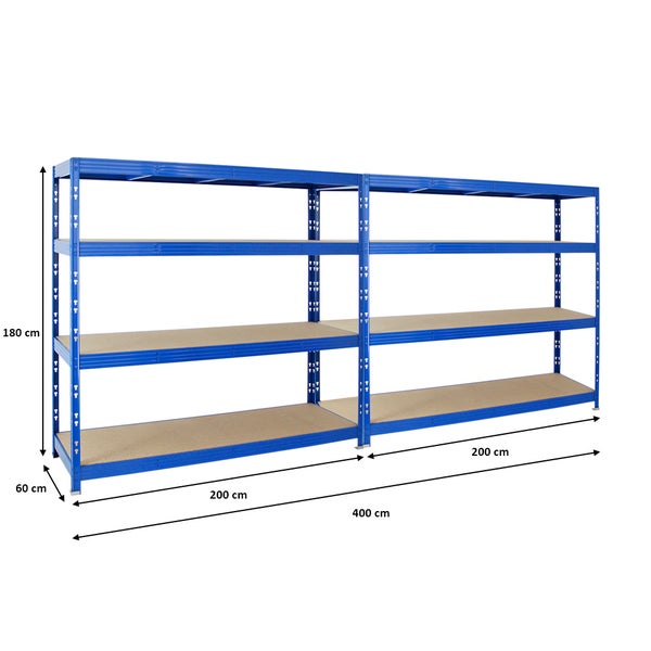 PROREGAL Mega Deal 2x Profi Schwerlastregal Rhino HxBxT 180 x 200 x 60 cm 4 Spanplatten-Ebenen 8mm Fachlast 500 kg Blau