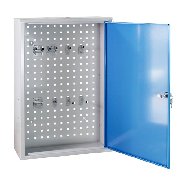 PROREGAL Werkzeugwandschrank mit Tür 8 Haken HxBxT 75 x 50 x 20 cm Lichtgrau Blau