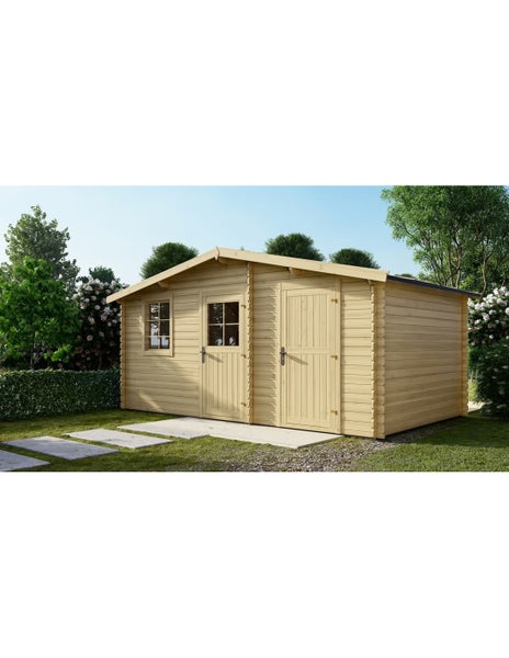 Gartenhaus aus hellem Holz mit Satteldach, einer Tür mit Fenster, einer massiven Tür und einem Seitenfenster auf einer Rasenfläche im Garten.