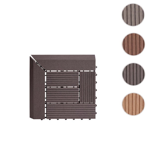Terrassenfliese aus Verbundwerkstoff mit Klicksystem, inklusive Abschlussleiste, Eckstück und verschiedenen Materialbeispielen.