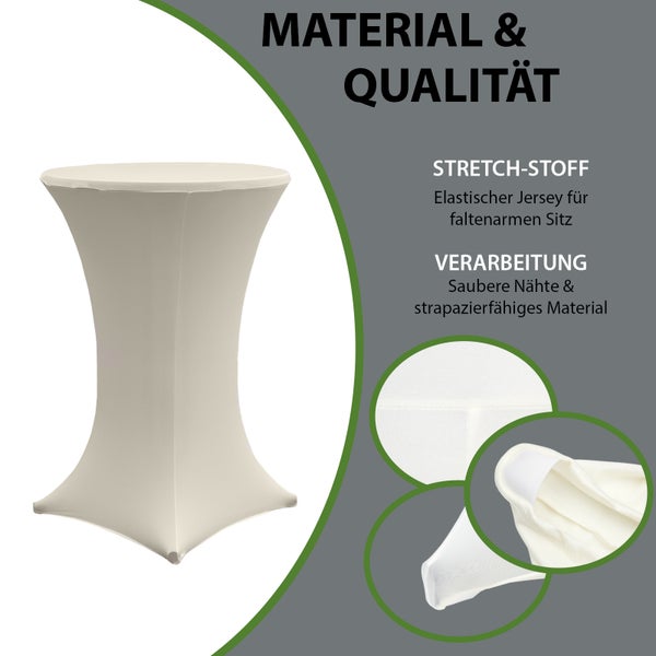 Stehtischhusse aus elastischem Jersey Material mit Detailansicht der Nähte und Fußverstärkung für eine faltenfreie Passform.