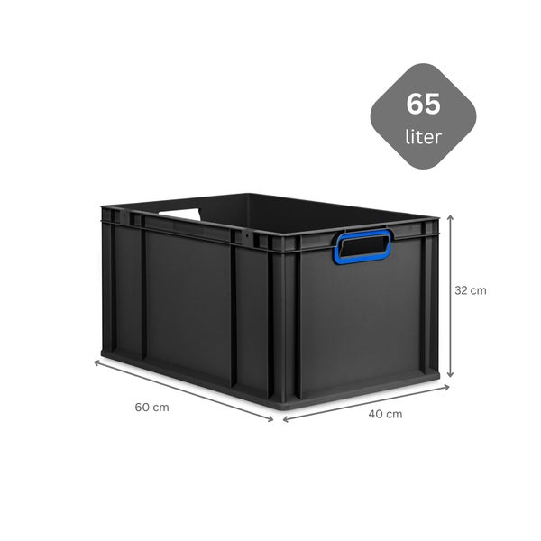 PROREGAL SparSet 10x Eurobox NextGen Color, HxBxT 32x40x60cm, 65 Liter, Griffe blau offen, Verstärkter Boden, Schwarz, Eurobehälter, Transportbox, Transportbehälter, Stapelbehälter