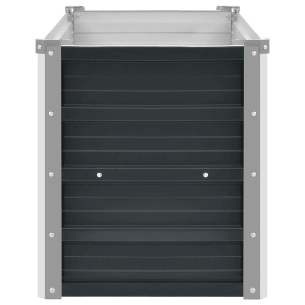 Quadratisches Hochbeet aus Metall mit horizontalen Paneelen und silbernen Eckprofilen.
