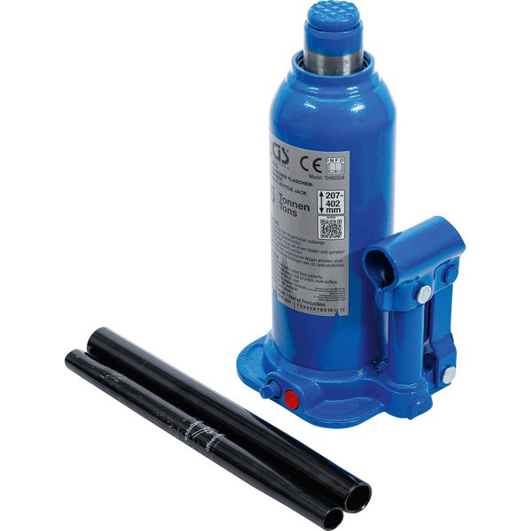 Hydraulischer Stempelwagenheber in Blau, Tragkraft 5 Tonnen, Hubhöhe 207 bis 402 Millimeter, inklusive schwarzer zweiteiliger Hebelstange.