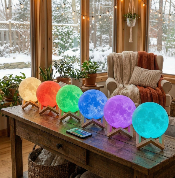 Mehrfarbige Mondlampe aus Holz auf einem Tisch