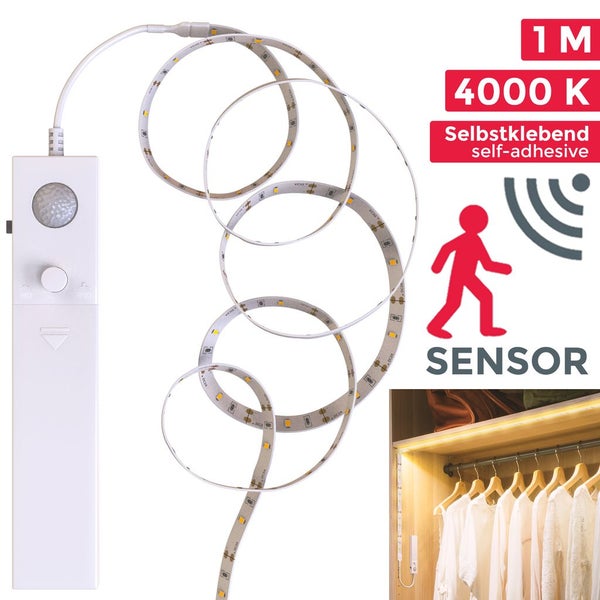 LED Streifen 1 m - mit Bewegungsmelder, mit Batterie, neutralweiß