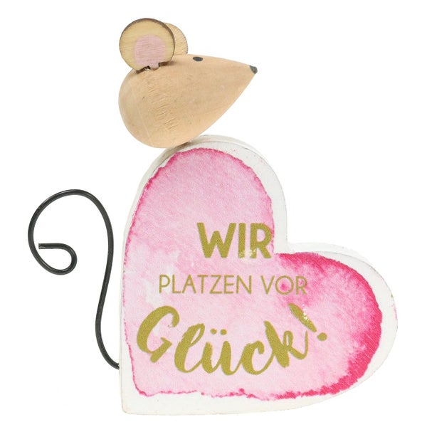 Dekorative Holzfigur mit Maus und herzförmiger Aufschrift Wir platzen vor Glück
