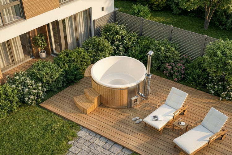 Rundes Badefass mit Holzverkleidung und Ofen auf einer Holzterrasse neben Sonnenliegen in einem hellen, organisierten Garten.