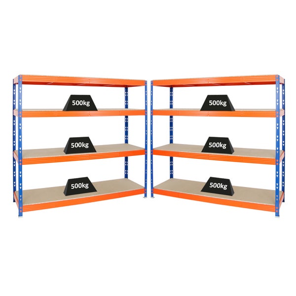 PROREGAL Mega Deal 2x Profi Schwerlastregal Rhino HxBxT 180 x 200 x 60 cm 4 Spanplatten-Ebenen 16mm Fachlast 500 kg Blau-Orange