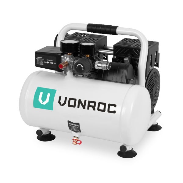 VONROC Leiser Luftkompressor – Ölfrei – 750 W – 1 PS – 128 l/min. - 6-Liter-Tank – 8 bar – 57,5 dB(A) – Leise – Geräuscharm - Weiß