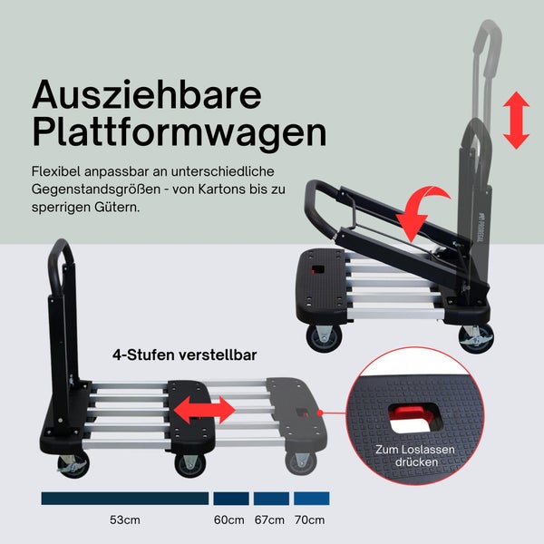 Ausziehbarer Plattformwagen mit vierstufig verstellbarer Länge von 53 bis 70 Zentimeter und klappbarem Griff. Proregal Logo.