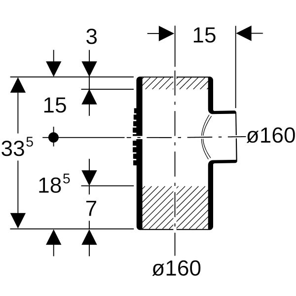 Technische Zeichnung mit Abmessungen für ein rundes Bauteil, Durchmesser 160 Millimeter, Gesamthöhe 33,5 Millimeter.