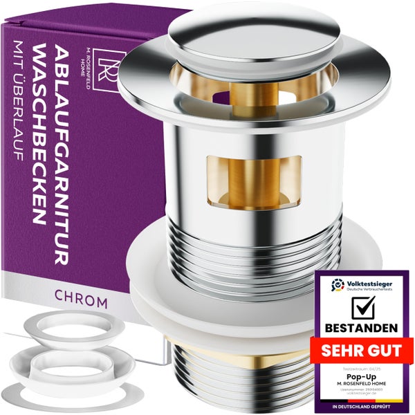 Waschbecken Ablaufgarnitur mit Überlauf und M. Rosenfeld Home Logo