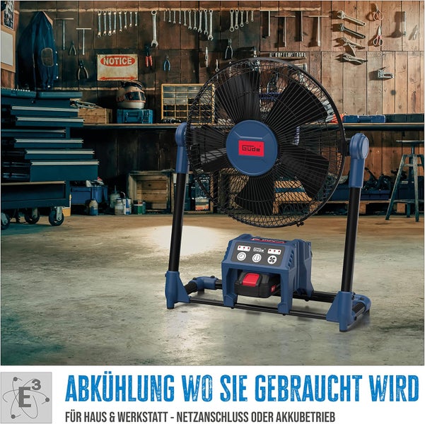 Güde Akku-Bodenventilator auf einem Betonboden in einer hellen Werkstatt mit einer Werkzeugwand im Hintergrund.