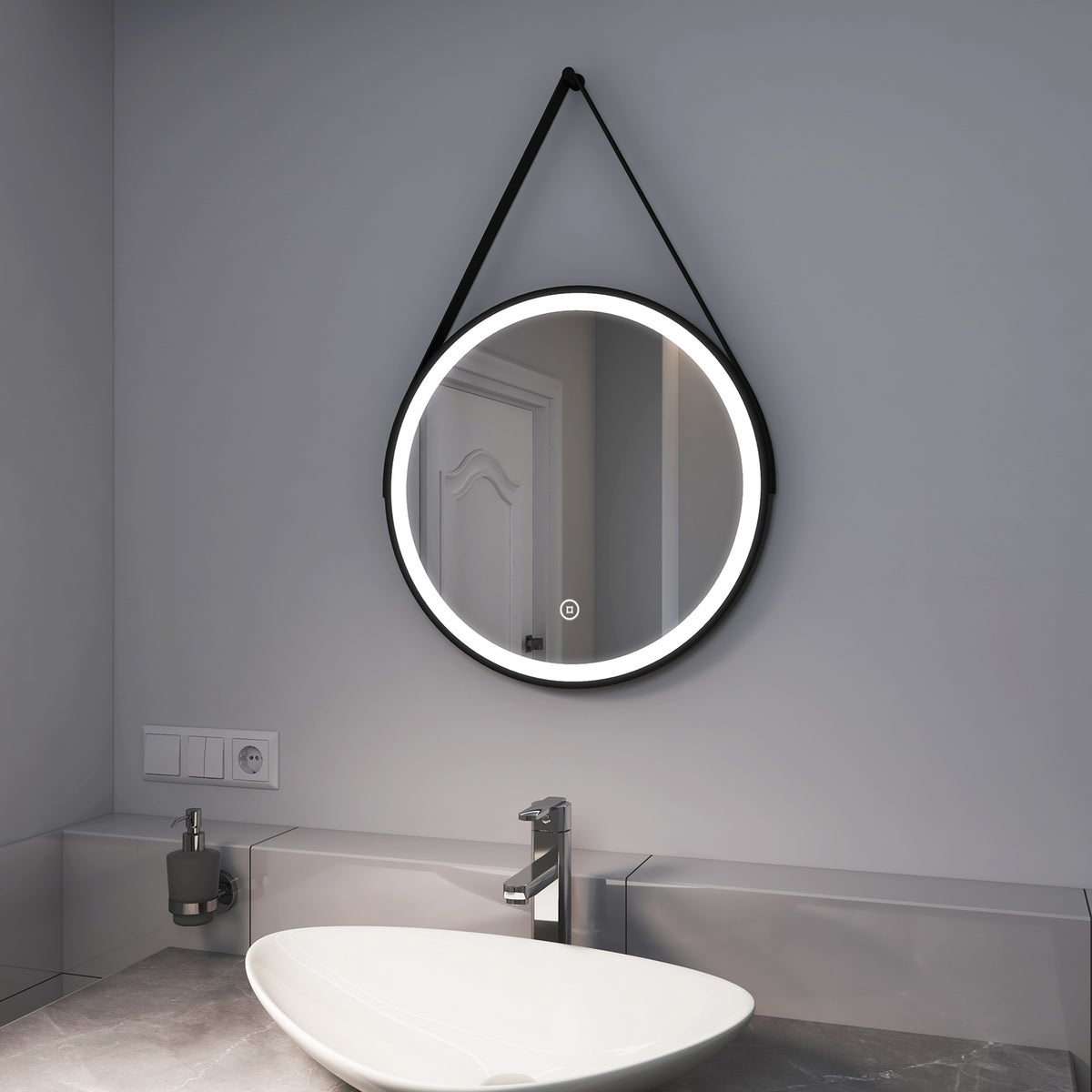 EMKE Badspiegel mit Beleuchtung Schwarz Rahmen und Riemen ф50cm, Kaltweißes Licht,Dimmbar