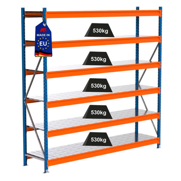 Schwerlastregal mit fünf Regalböden und einer Traglast von 530 Kilogramm pro Boden, Hergestellt in der EU Siegel