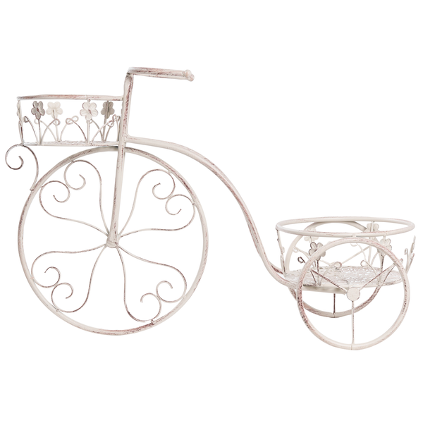 Blumenständer Fahrrad aus Metall in Weiß mit Antik-Finish, zwei Blumenkörbe, verziertes Design.