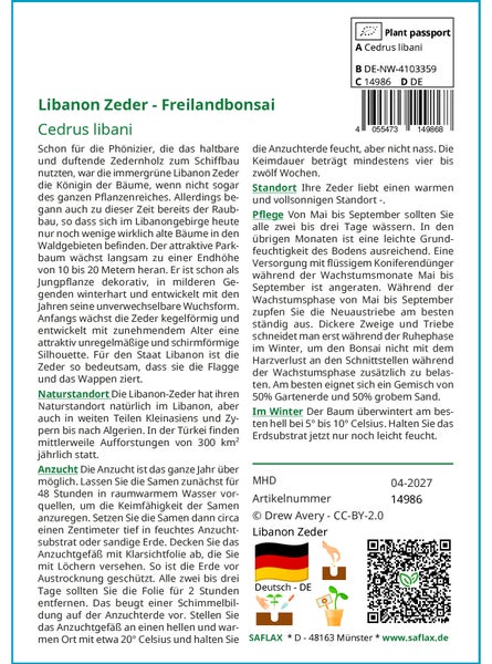 SAFLAX Geschenk Set - Libanon Zeder - Cedrus libani - 20 Samen - Mit Geschenkbox, Versandaufkleber, Geschenkkarte und Anzuchtsubstrat