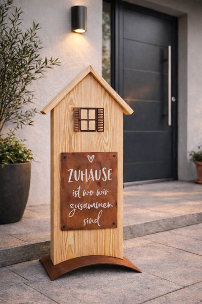Dekoaufsteller aus Holz in Hausform mit Metallschild und Schriftzug Zuhause ist wo wir zusammen sind vor einem Hauseingang.