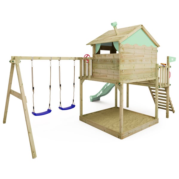 WICKEY Spielturm Klettergerüst Smart Coast mit Schaukel und Rutsche, Stelzenhaus mit Sandkasten, Kletterleiter und Spiel-Zubehör – pastellgrün
