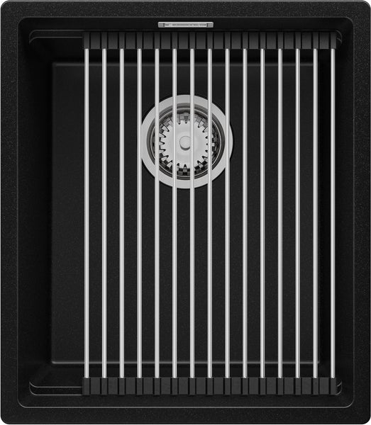 PRIMAGRAN Spülbecken Schwarz 41x47cm, Granitspüle 1 Becken + Ablauf-Set + Aufrollbare Abtropffläche, Küchenspüle ab 45er Unterschrank - Praga Slim