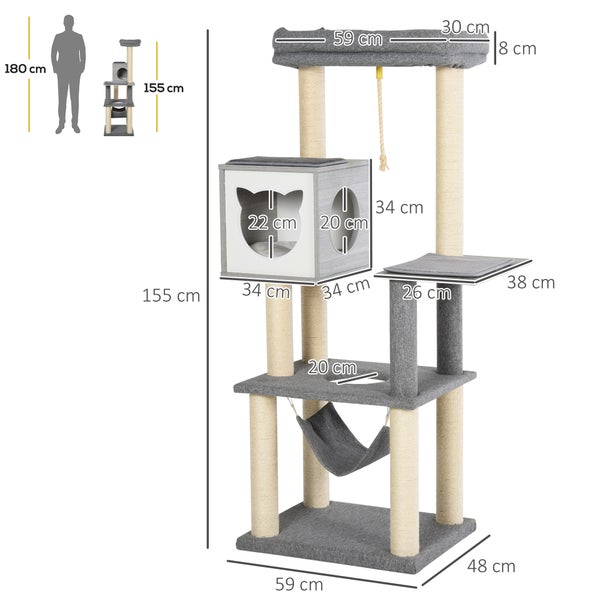 PawHut Kratzbaum groß 155 cm Katzenbaum mit Hängematte Kletterbaum für Katzen Mehrstufiges Katzenkratzbaum mit Katzenkiste, Weichkissen Katzenmöbel Sisal Grau&Weiß