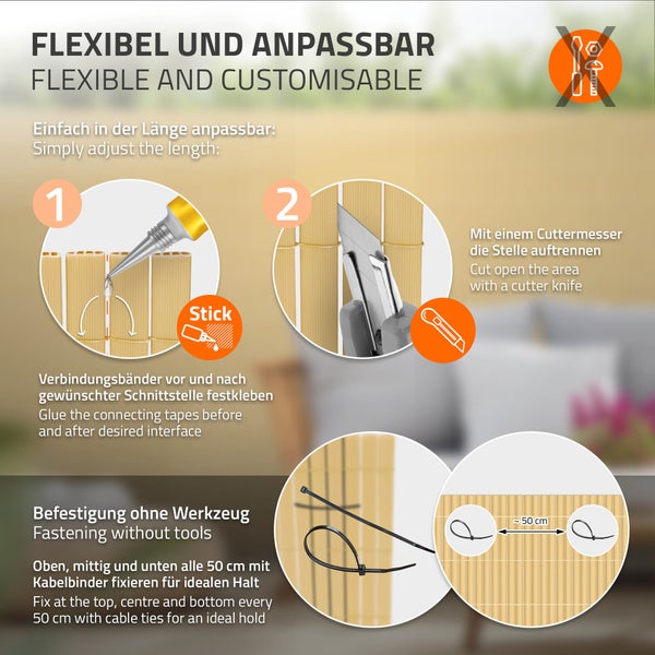ECD Germany PVC Sichtschutzmatte 120x300 cm, Bambus, Sichtschutzzaun 3-Gewicht-Verstärkung, UV-beständig, Wasserdicht, Windschutz Balkonverkleidung Zaunblende Sichtschutz für Garten Balkon Terrasse