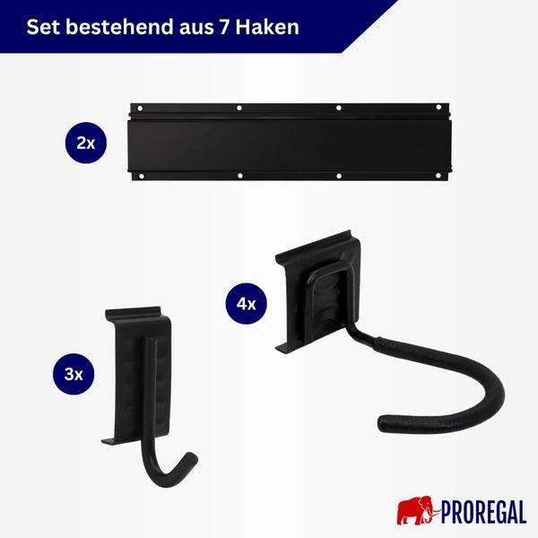 Proregal Set bestehend aus zwei Wandleisten sowie drei einfachen und vier U-förmigen Werkzeughaken zur Wandmontage in der Werkstatt oder Garage