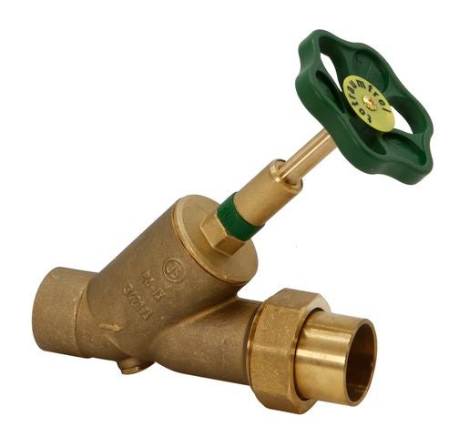 Totraumfreies Schrägsitzventil aus Messing mit grünem Handrad.