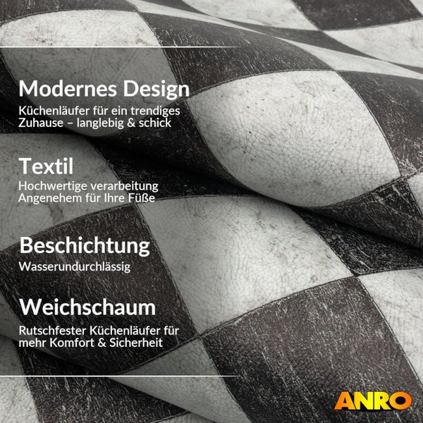 Küchenläufer von ANRO aus Textil mit wasserundurchlässiger Beschichtung und rutschfestem Weichschaum. ANRO Logo.