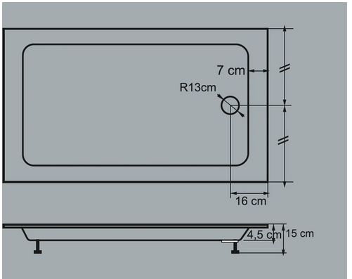 Technische Zeichnung einer Duschwanne mit Maßangaben
