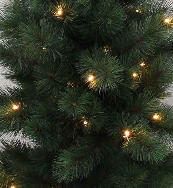Detailaufnahme eines Weihnachtsbaums mit Beleuchtung