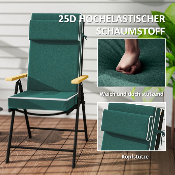 Outsunny Sitzkissen 120 x 47 x 9,5 cm wasserabweisend Stuhlkissen mit Bändern, Kopfstütze, UPF50+ Outdoor Indoor Sitzauflage, Sitzpolster für Klappstuhl, Essstuhl, Grün