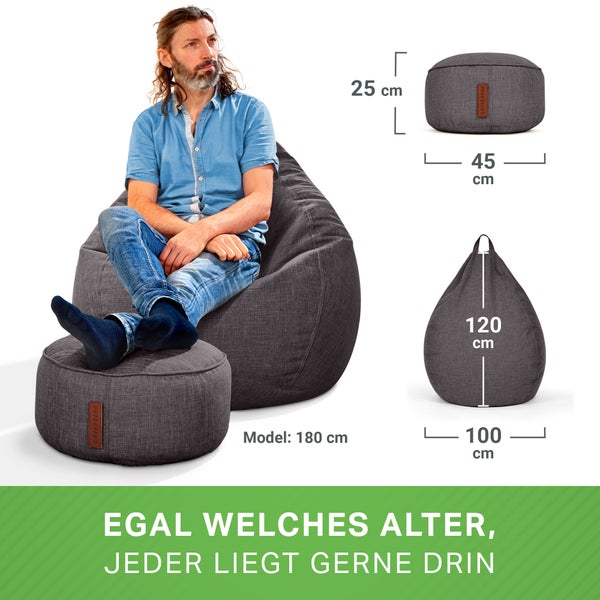 Green Bean 2er Set Indoor XXL Sitzsack + Hocker mit EPS-Perlen Füllung - Fußhocker Fußkissen Sitz-Pouf Bodenkissen Liegekissen Sitzkissen Lounge Chair Relax-Sessel Bean Bag Dunkelgrau Asphalt