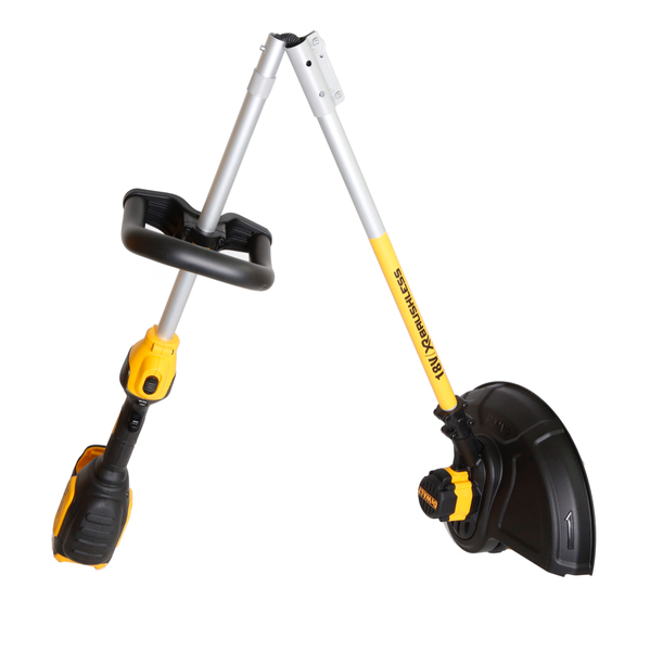 Zusammenklappbarer Akku-Rasentrimmer 18 Volt bürstenlos in Gelb und Schwarz mit Rundumgriff und Metallstiel.