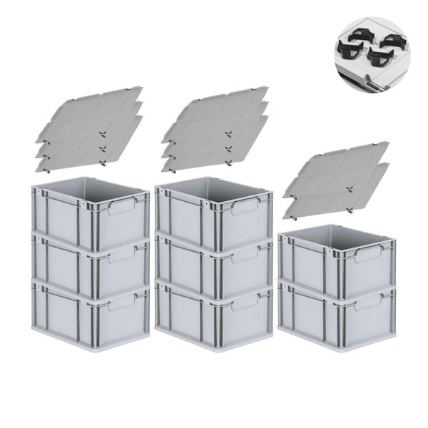 PROREGAL Spar Set 8x Eurobox Nextgen Economy Mit Auflagedeckel & 4x Schiebeschnappverschlüsse Schwarz Griffe Geschlossen HxBxT 22 x 30 x 40 cm